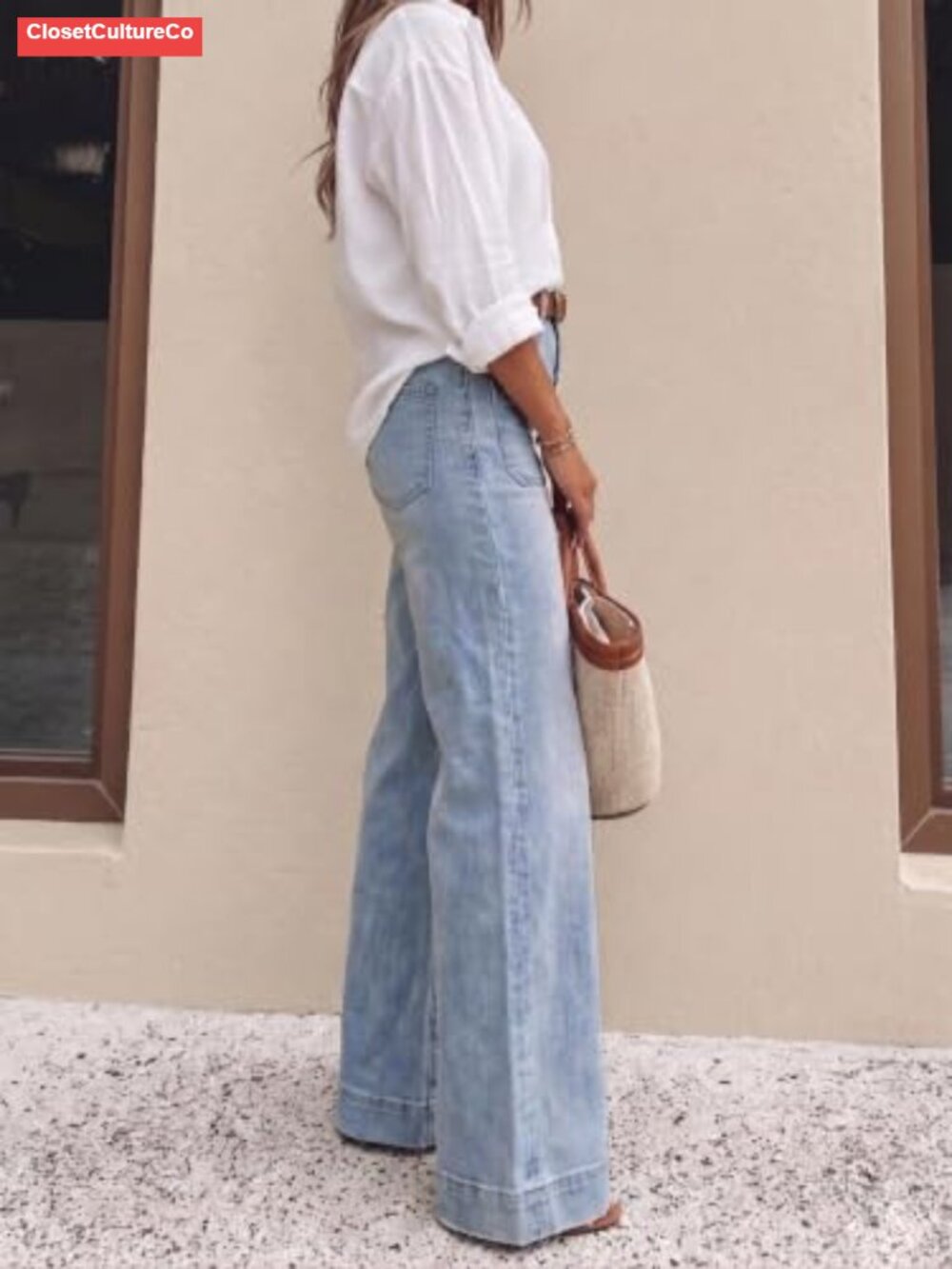 Women's High Waisted Wide Leg Jeans Stretch Denim Retro Patch Pockets - Picture 5 of 6